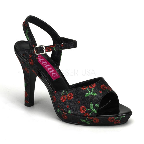 BORDELLO AMUSE-05G 4" Heel Cherry Glitter PF Sandal W/Ankle Strap Blk Mini Gltr (Cherries)