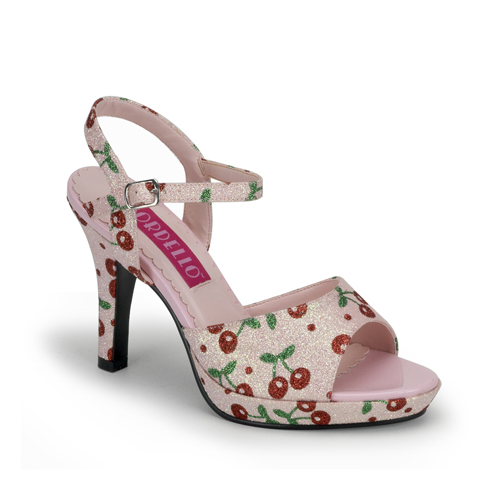 BORDELLO AMUSE-05G 4" Heel Cherry Glitter PF Sandal W/Ankle Strap B. Pink Mini Gltr (Cherries)