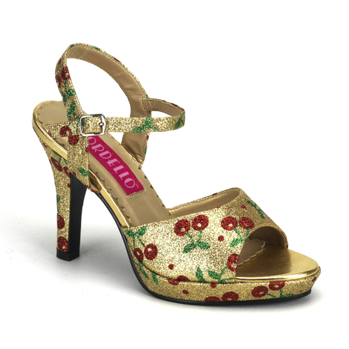 BORDELLO AMUSE-05G 4" Heel Cherry Glitter PF Sandal W/Ankle Strap Gold Mini Gltr (Cherries)