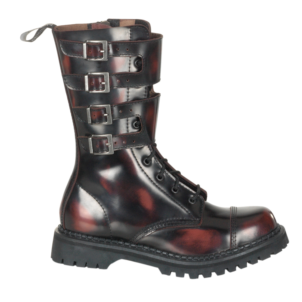 DEMONIA ATTACK-10 10 Eyelette Burgundy Le S/T Calf Boot W/4 Buckles Burgundy Rub-Off Leather