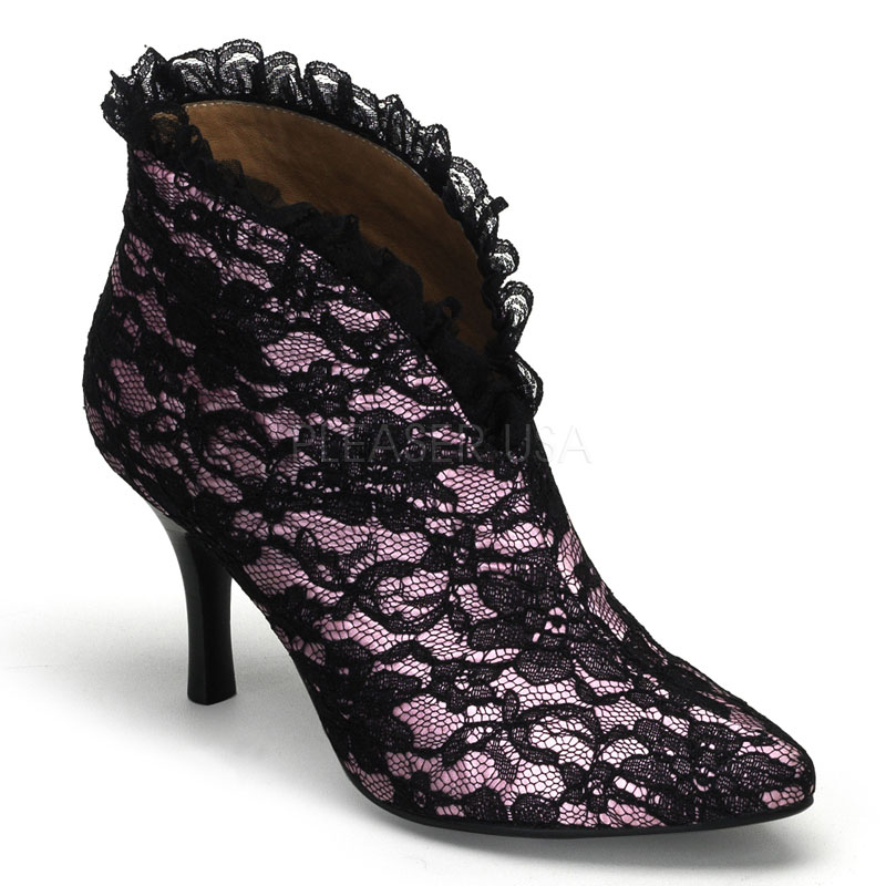 BORDELLO BEAUTY-01L 3" Heel Laced Slip-On Ankle Boot B. Pink Satin-Blk Lace