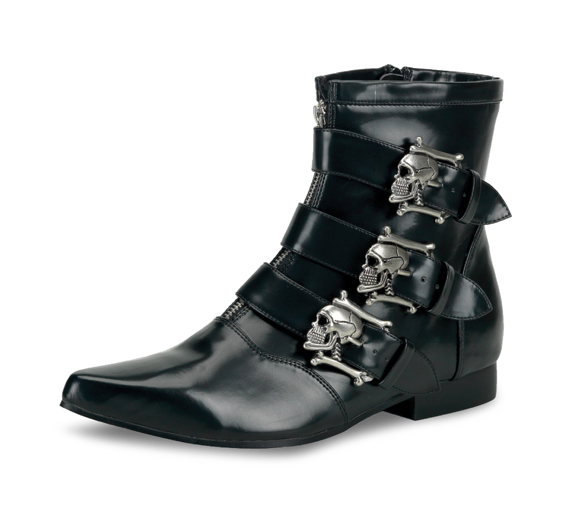 DEMONIA BROGUE-06 Ankle Boot With Dirty Silver Skull Buckles Blk Nappa Pu