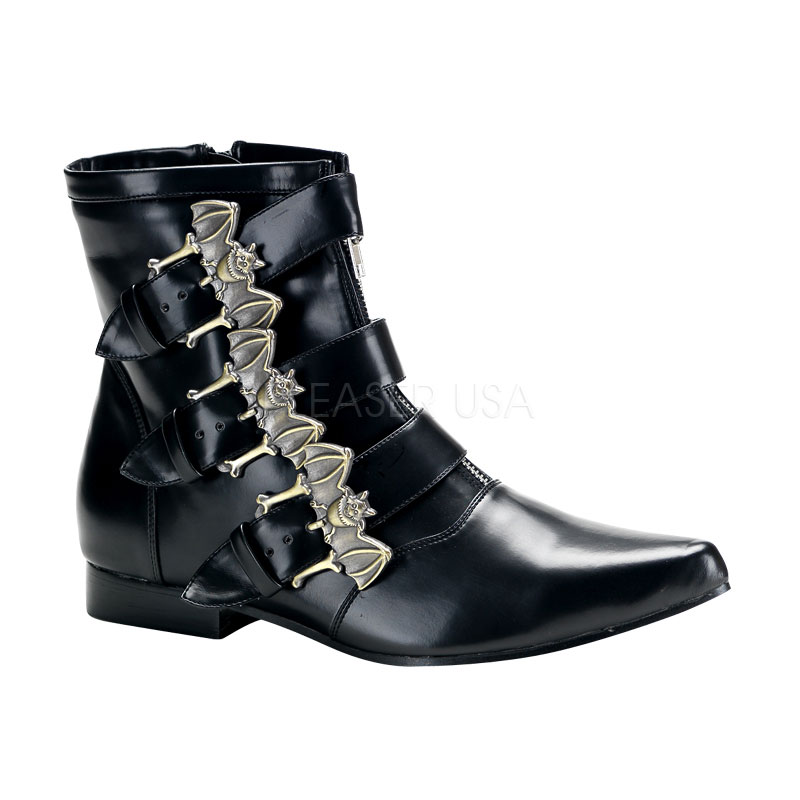 DEMONIA BROGUE-07 Ankle Boot With Dirty Silver Bat Buckles Blk Nappa Pu