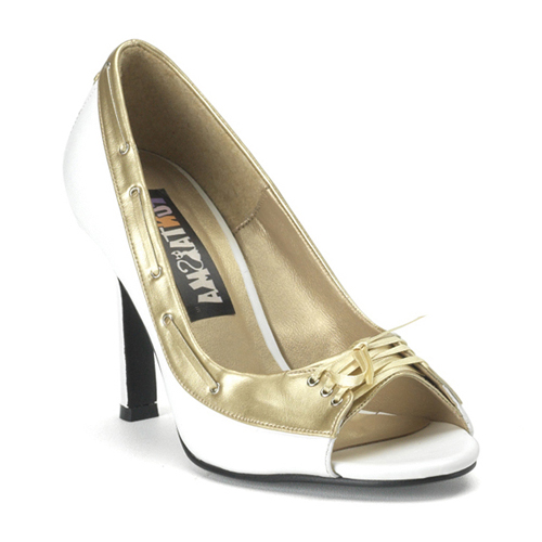 CLEARANCE BAROQUE-05 *Wht-Gold Pu Pat Open Toe Pump, 3 3/4" Wht-Gold Pu