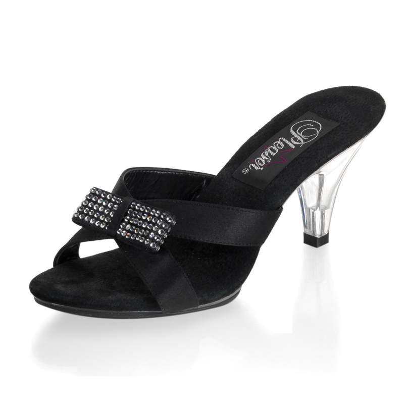 CLEARANCE BELLE-304 *3" Stiletto Heel Mini-Platform Slide W/RS Bow Blk Satin/Clr