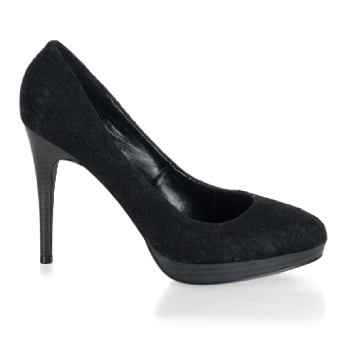 PLEASER BLISS-30-2 4 1/4" Stiletto Heel Ankle Strap Mini-PF Pump Blk Satin-Blk Lace