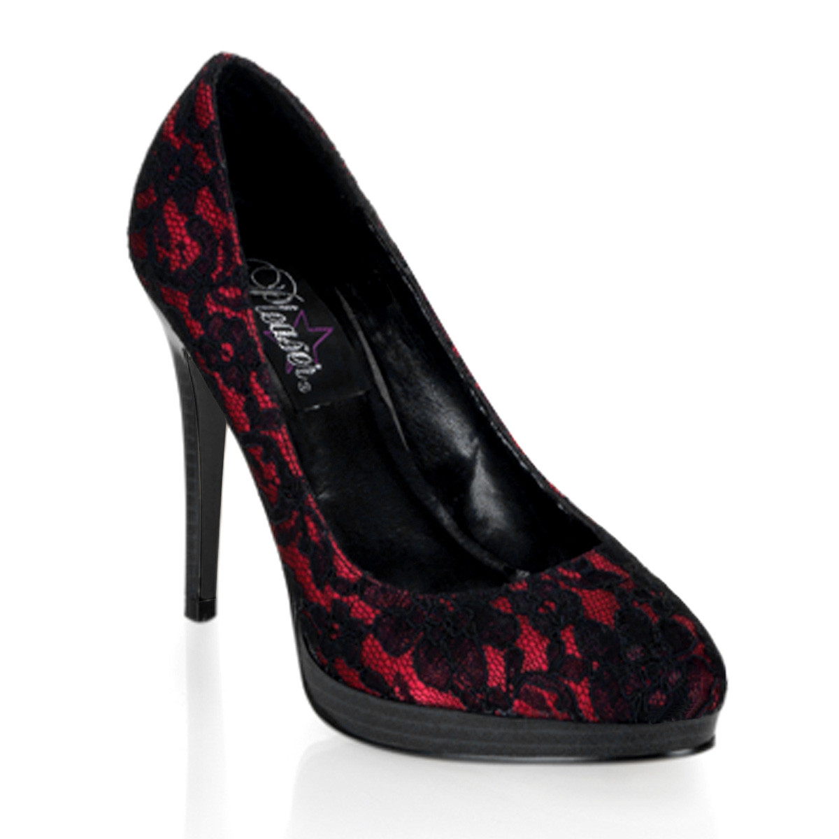 PLEASER BLISS-30-2 4 1/4" Stiletto Heel Ankle Strap Mini-PF Pump Red Satin-Blk Lace