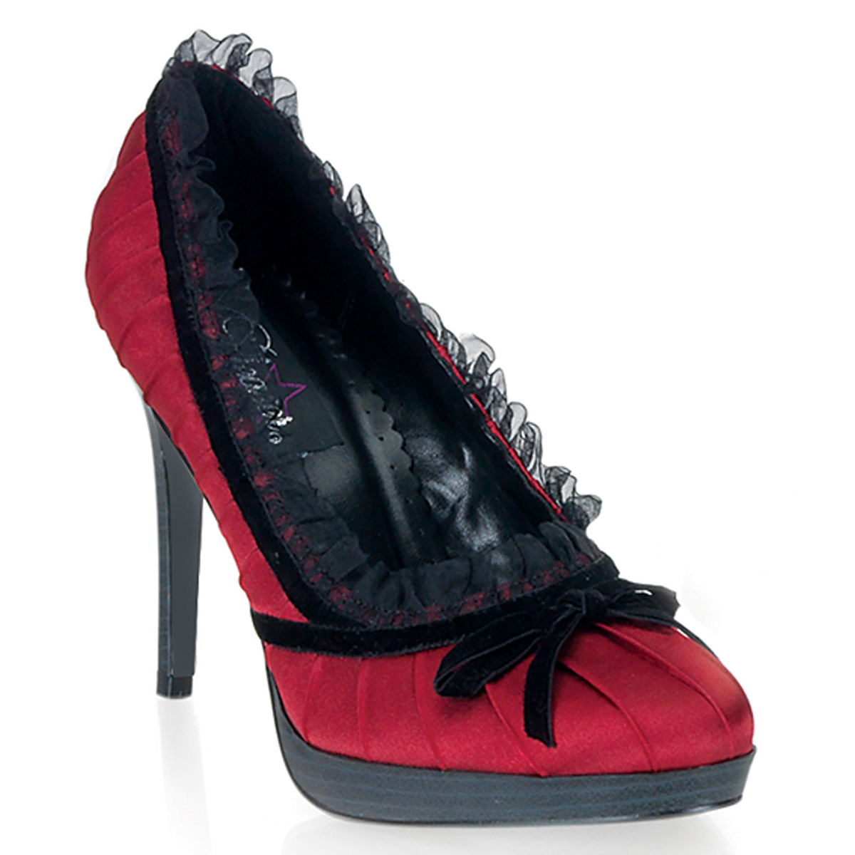PLEASER BLISS-38 4 1/4" Stiletto Heel Mini-Platform Pump W/Bow Red-Blk Satin