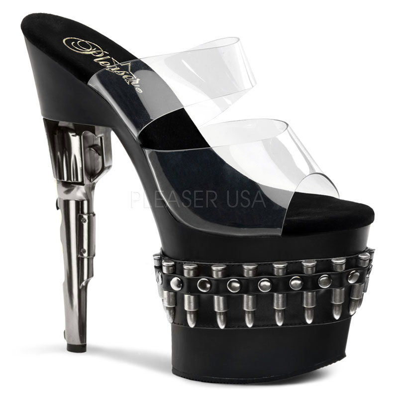 PLEASER BONDGIRL-702 7 1/2" Gun Heel W/Bullet Strap Across Vamp Clr/Gunmetal