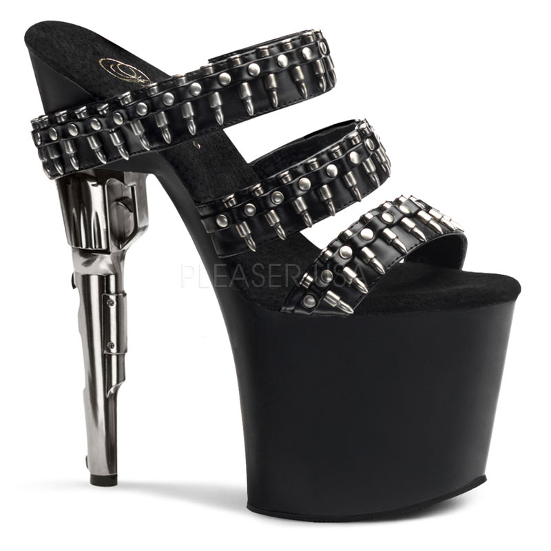 PLEASER BONDGIRL-703 7 1/2" Gun Heel Three Band-Platform W/Bullets Blk Pu/Blk Matte