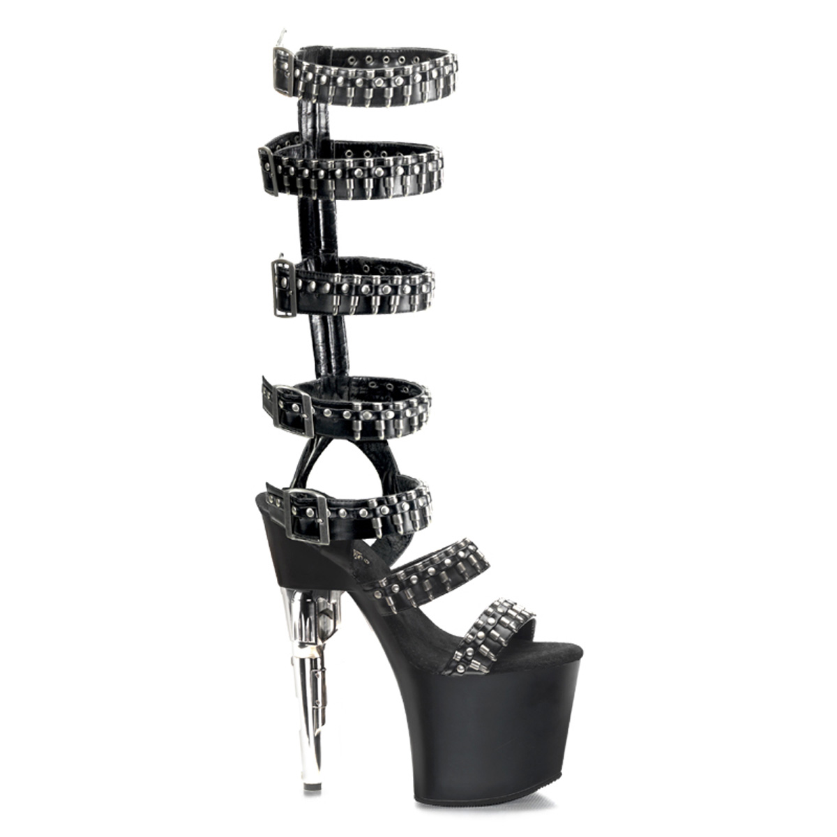 PLEASER BONDGIRL-768 7 1/2" Gun Heel Multi Straps P/FSandal W/Bullet Blk Pu/Blk Matte