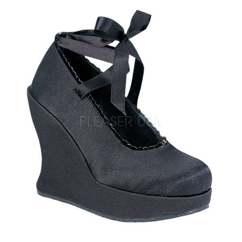 DEMONIA BRAVO-07 5" P/F Wedge Ankle Lace Blk Satin Sho/Blk Satin