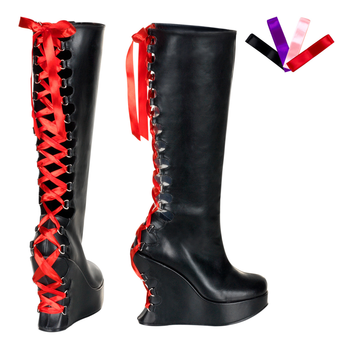 DEMONIA BRAVO-106 5" Corseted D-Ring P/F Wedge Blk Pu Knee Boo Blk Pu