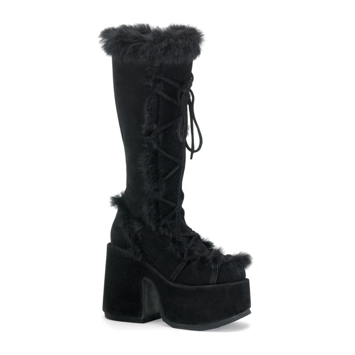 DEMONIA CAMEL-311 Blk Imitation Suede-Rabbit Fur Trimmed Knee Boot Blk Veggie Suede