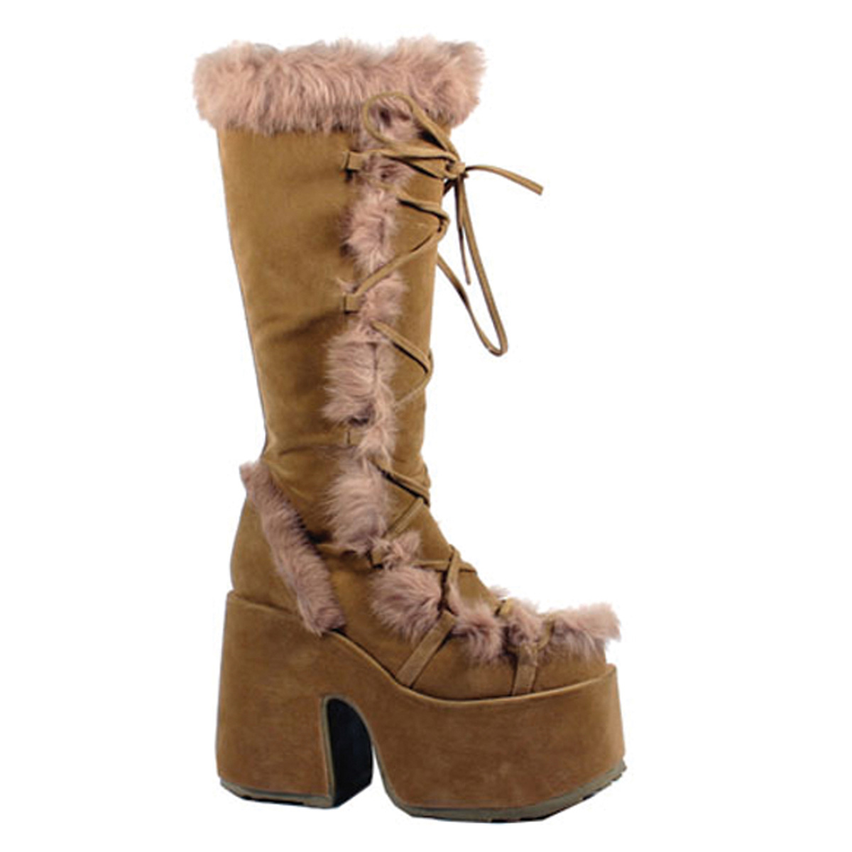 DEMONIA CAMEL-311 Camcel Imitation Suede-Rabbit Fur Trimmed Knee BT Camel Veggie Suede