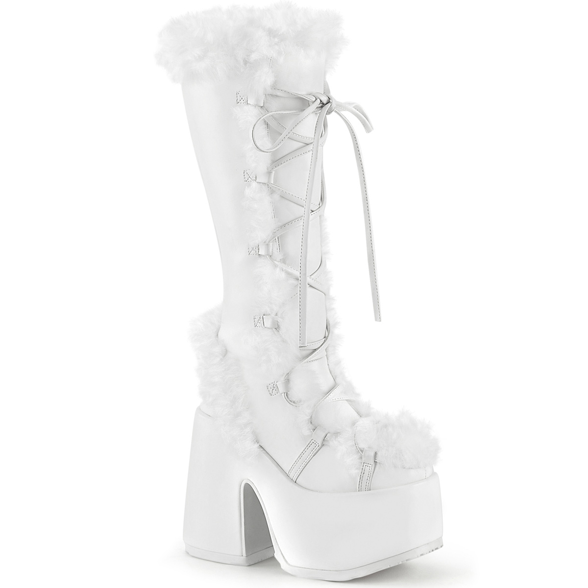 DEMONIA CAMEL-311 5" Knee Wht Pu Fur Trimed Knee Boo/White Pu