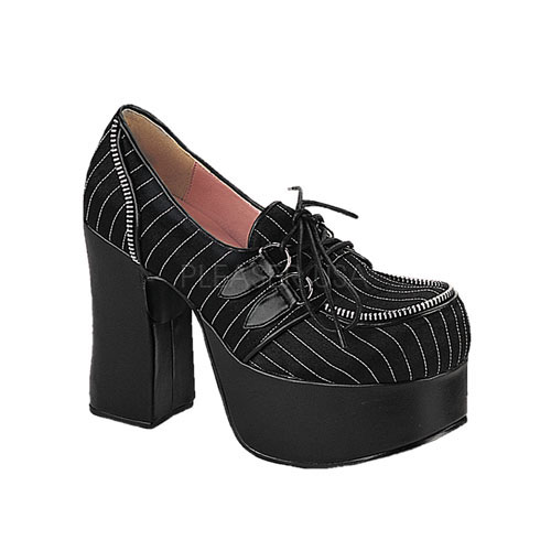 DEMONIA CHARADE-12 4 1/2" Blk Satin/Wht Pinstripe D-Ring Laceup M/ Blk Satin-Pinstripes
