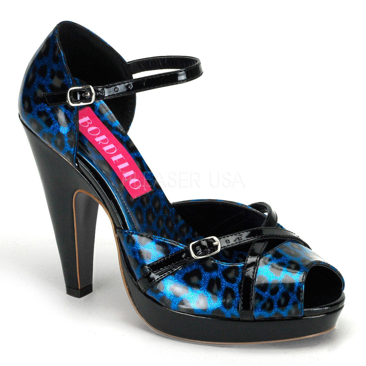 BORDELLO CHEETAH-06G 4 1/2" Peep Toe Ankle Strap Mini PF Sandal Blue Pearlized Cheetah Pat