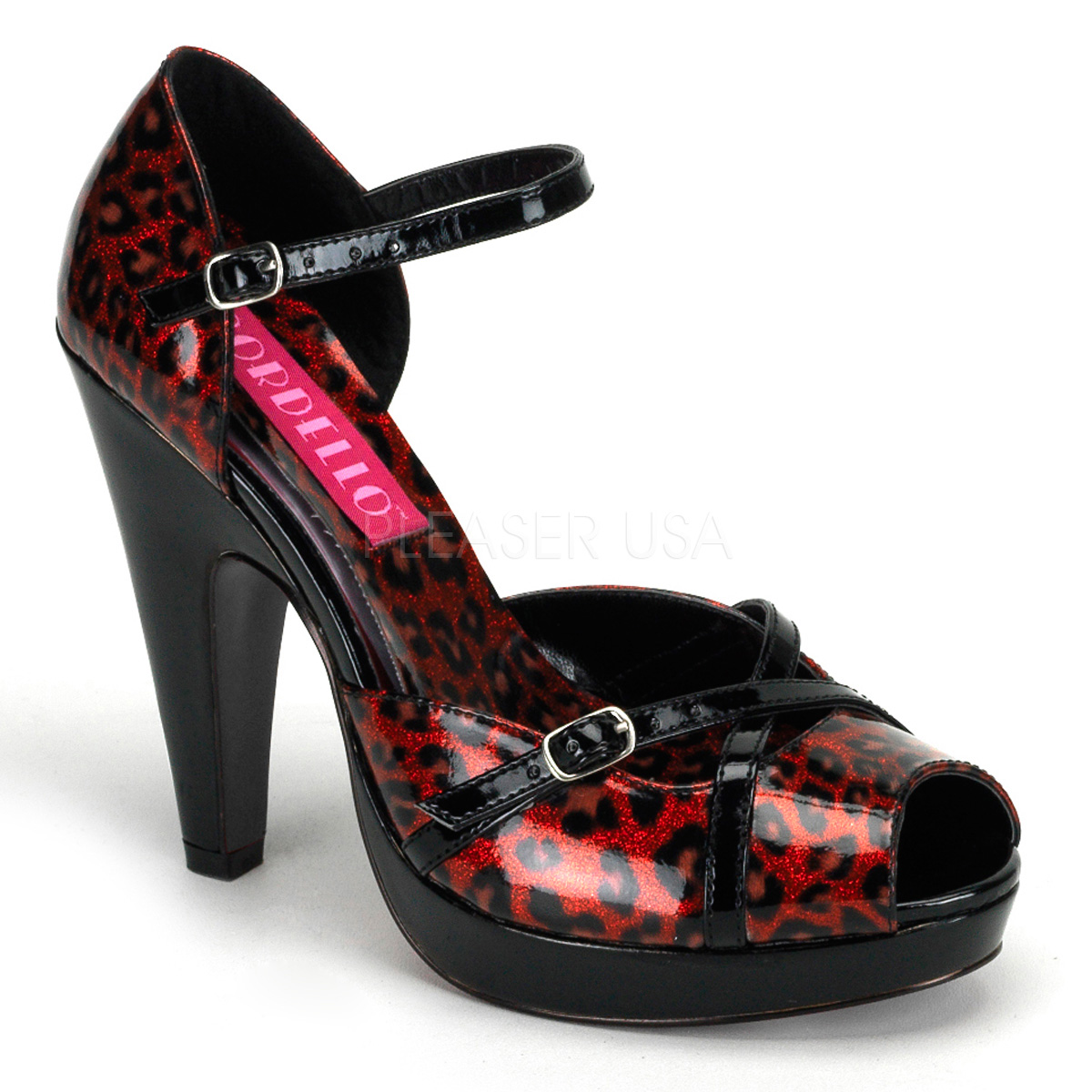 BORDELLO CHEETAH-06G 4 1/2" Heel Peep Toe Ankle Strap Mini PF Sandal Red Pearlized Cheetah Pat