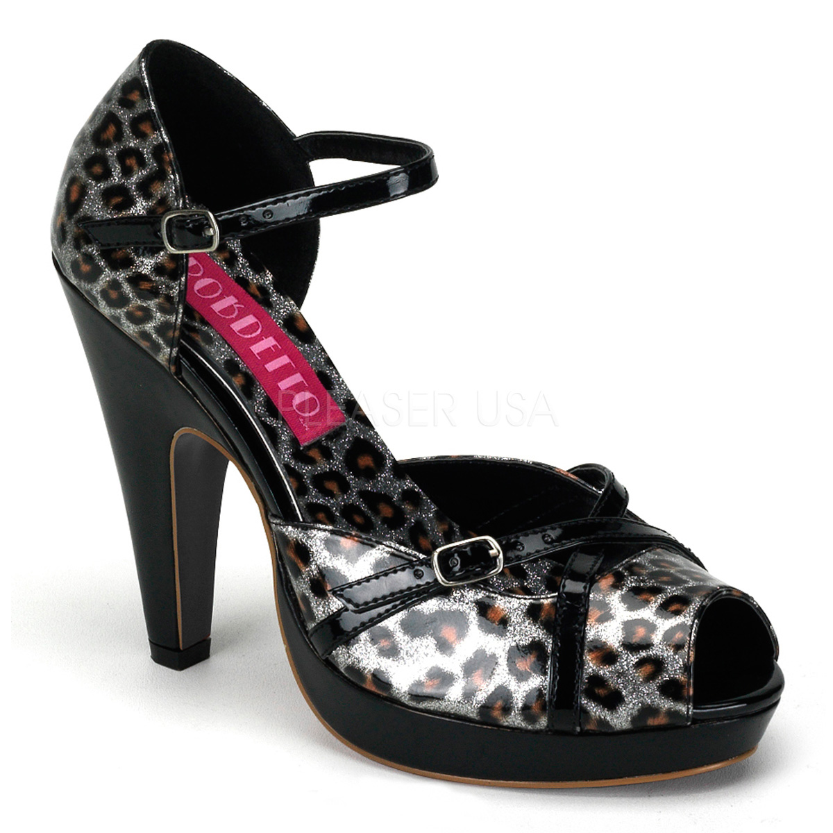 BORDELLO CHEETAH-06G 4 1/2" Heel Peep Toe Ankle Strap Mini PF Sandal Slv Pearlized Cheetah Pat