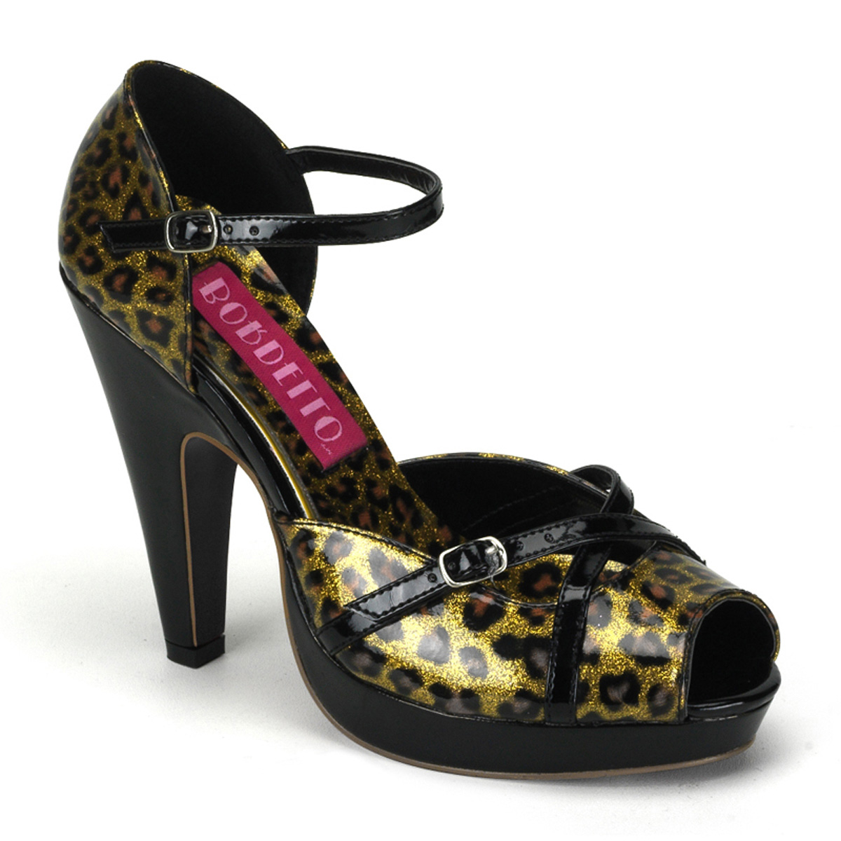 BORDELLO CHEETAH-06G 4 1/2" Heel Peep Toe Ankle Strap Mini PF Sandal Gold Pearlized Cheetah Pat