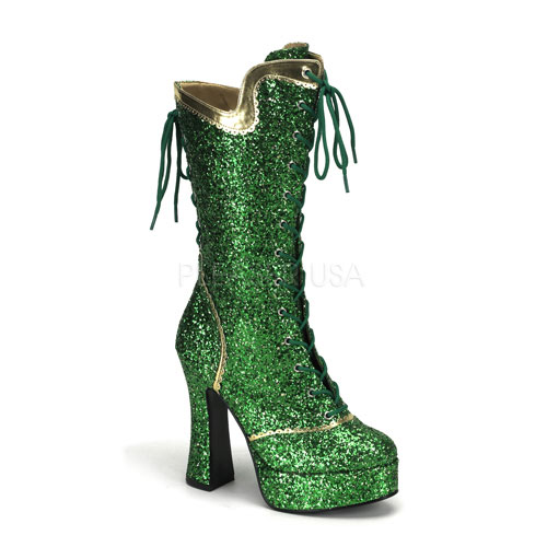 BORDELLO COURTESS-1025G 5" Bloack Heel Platform Lace Up Calf Boot Green Gltr