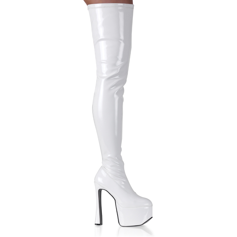 PLEASER CANDY-3000 6 1/2" Chunky Heel Thigh Hi Boots Wht Str Pat