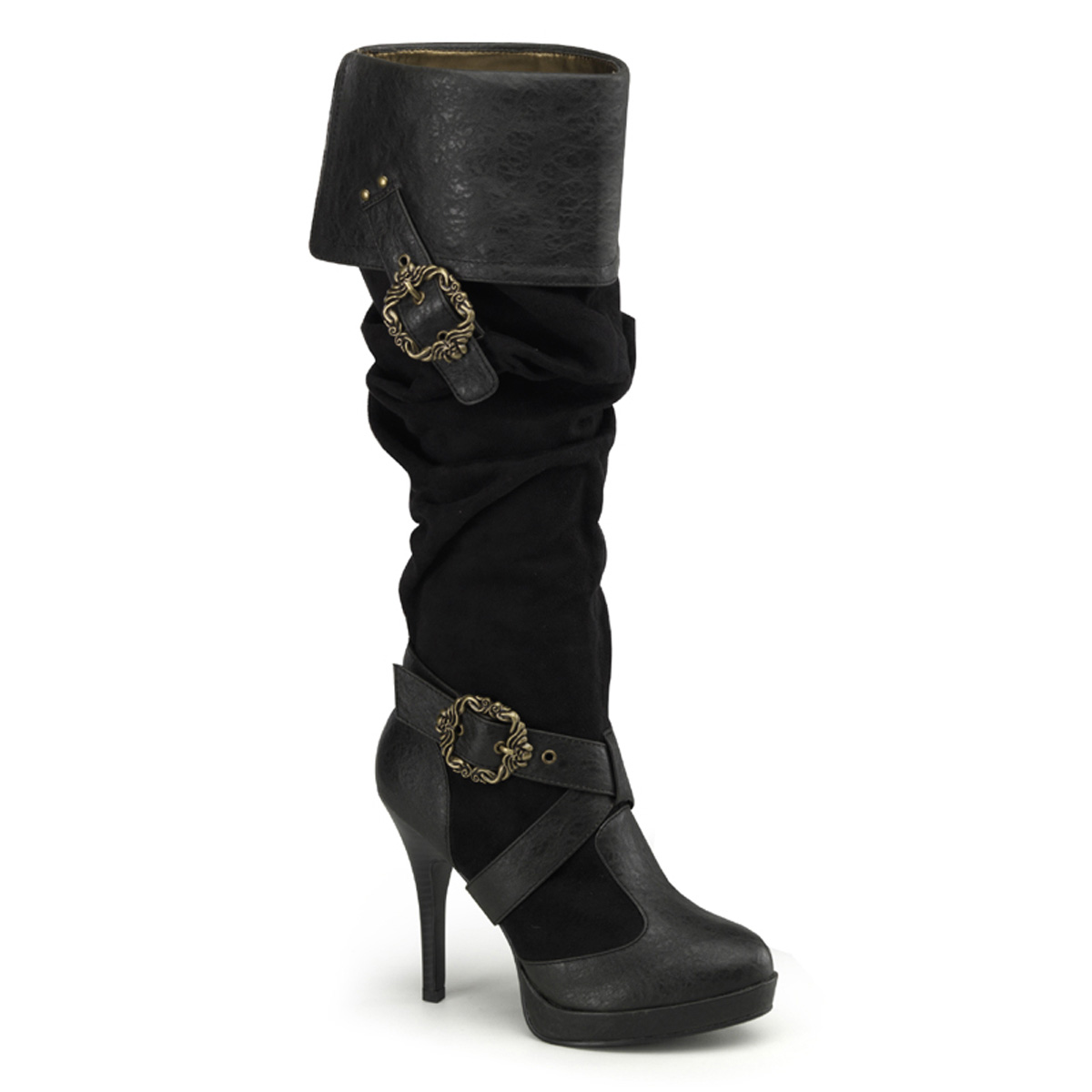 FUNTASMA CARRIBEAN-216 4 1/2" Heel, 1/2" P/F Cuffed Knee Boot W/ Octopus Buckles Blk Distressed Pu-Microfiber