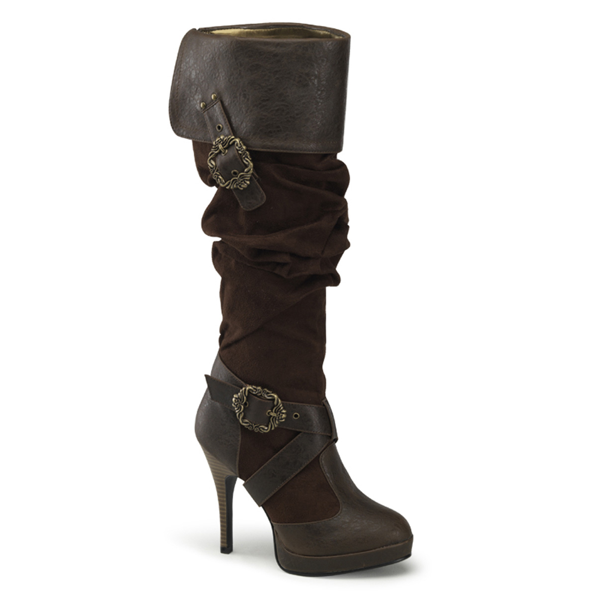 FUNTASMA CARRIBEAN-216 4 1/2" Heel, 1/2" P/F Cuffed Knee Boot W/ Octopus Buckles Brown Distressed Pu-Microfiber