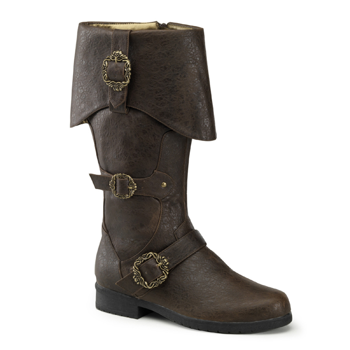 FUNTASMA CARRIBEAN-299 Cuffed Knee Boot W/ Octopus Buckles & Inner Side Zip Brown Distressed Pu