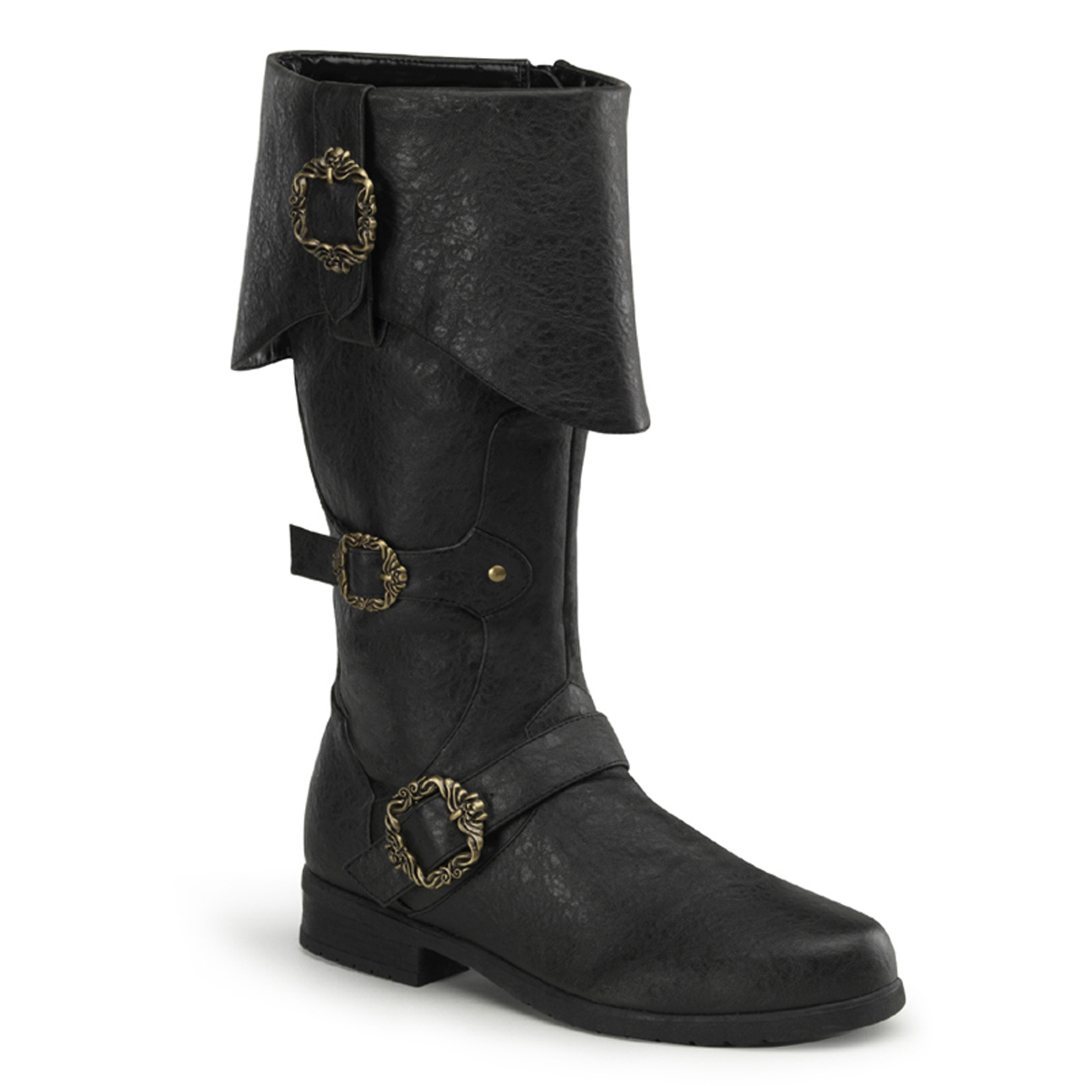 FUNTASMA CARRIBEAN-299 Cuffed Knee Boot W/ Octopus Buckles & Inner Side Zip Blk Distressed Pu