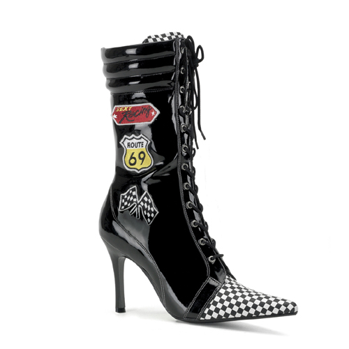 CLEARANCE CHAMP-105 *3 3/4" Heel Blk Pat/Checkered Racer Calf Boot Blk Pat-Checkers