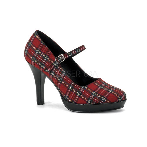 FUNTASMA COLLEGE-04 Red Plaid Mary Jane, 4" Red Plaid Fabric