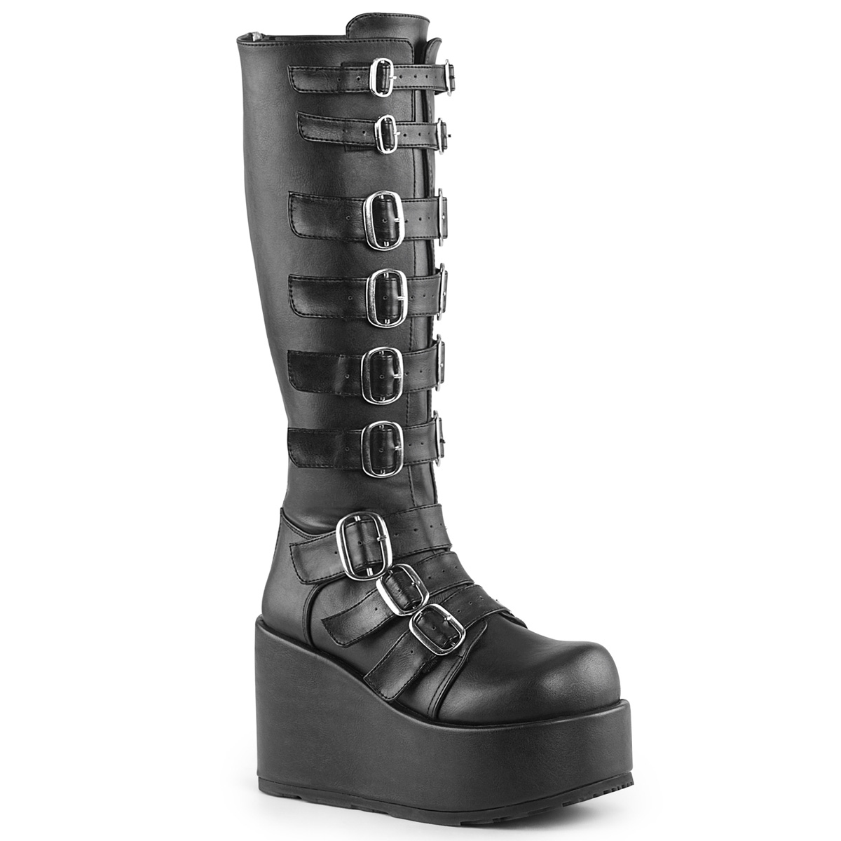 DEMONIA CONCORD-108 4 1/4" Buckled P/F Blk PuKnee Boot Blk Pu