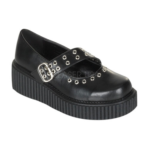 DEMONIA CREEPER-104 2" P/F M/J Blk PuShoe W/Eyelet Strap Detailin Blk Pu