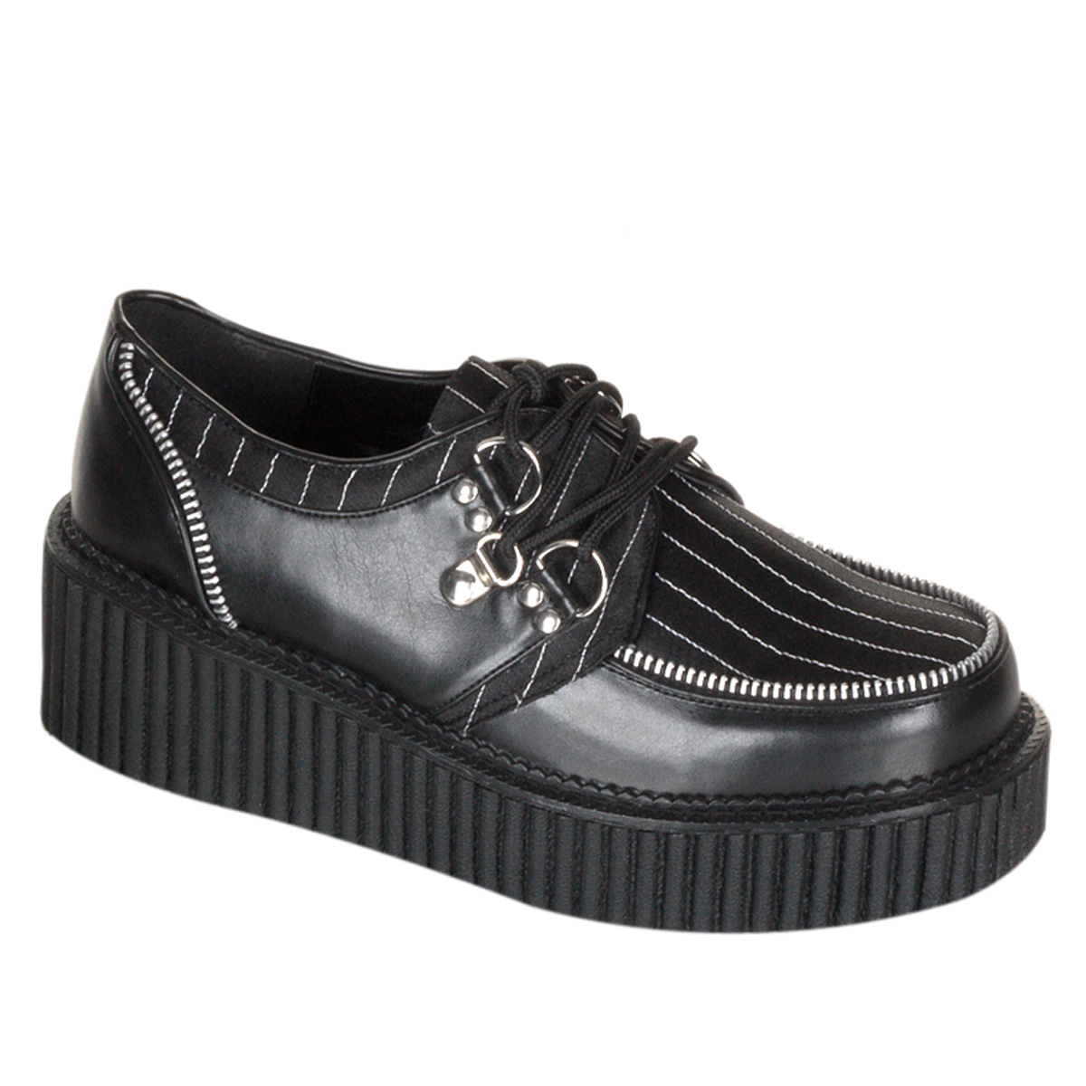 DEMONIA CREEPER-113 2" P/F Blk Pu Pinstripe Shoe W/Zipper Tri Blk Pu-Pinstripes