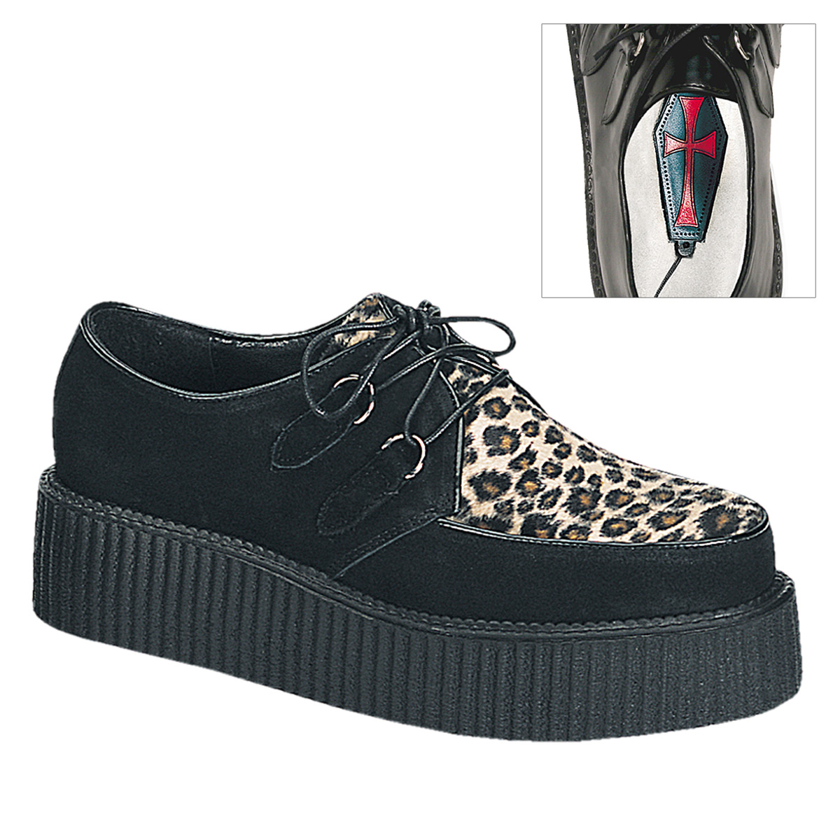 DEMONIA CREEPER-400 2" P/F Blk Suede Cheetah Fur Creeper Shoe Blk Suede-Cheetah Fur