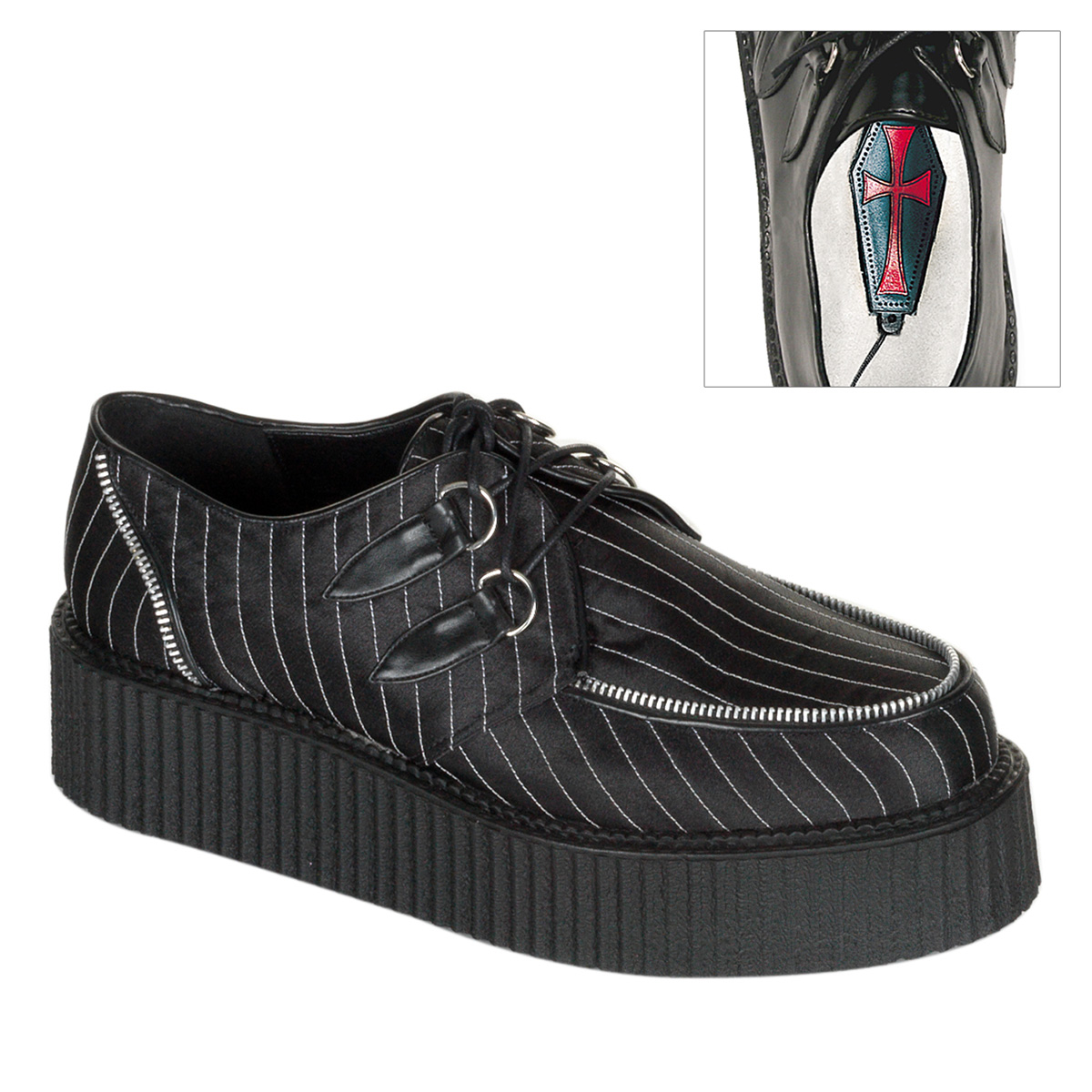 DEMONIA CREEPER-401 2" P/F Zipper Trimed Pinstrip Creep Blk Satin-Pinstripes