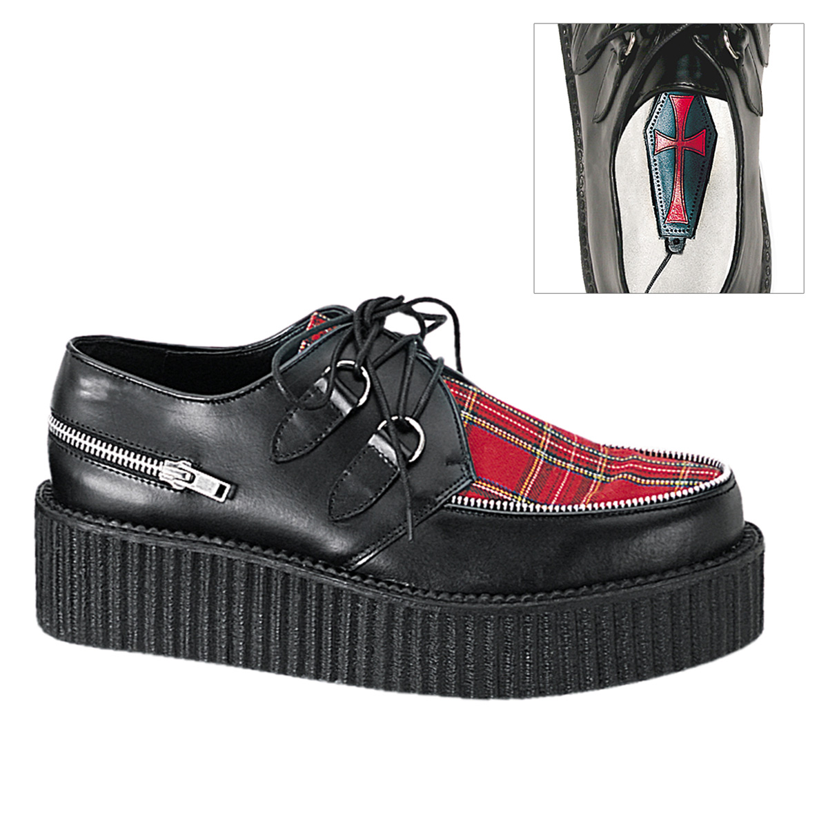 DEMONIA CREEPER-406 2" P/F Blk LeatherRed Plaid Creeper Shoe Blk Le-Red Plaid