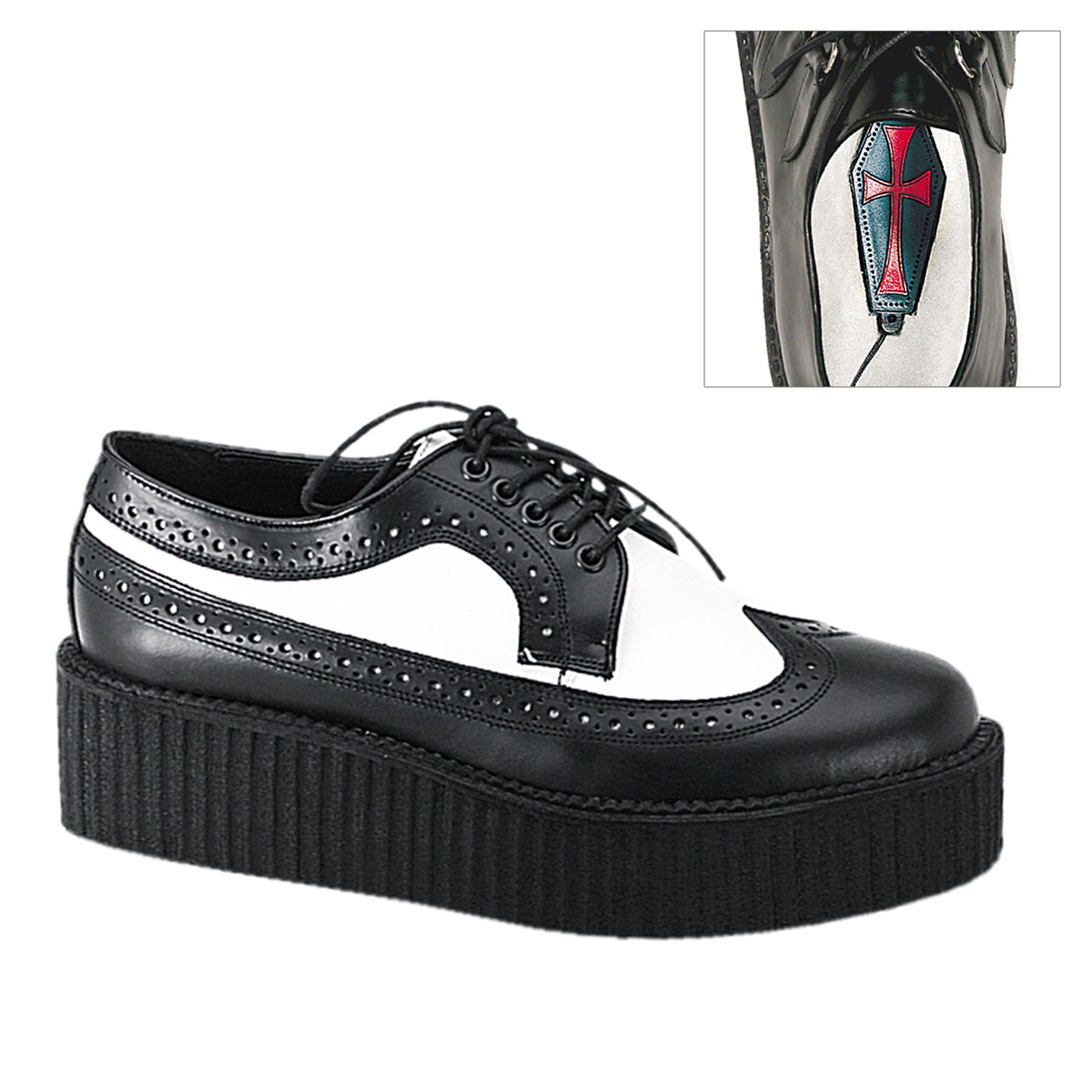 DEMONIA CREEPER-408 2" P/F Blk/Wht Leather Wingtip Creeper Shoe Blk-Wht Leather