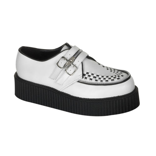 CLEARANCE CREEPER-412 *2" P/F Wht 2 Buckle Zipper Strap Creeper Shoe White Leather