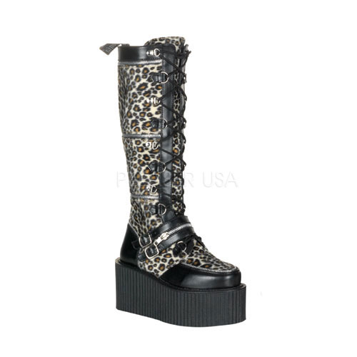 DEMONIA CREEPER-812 3 1/4" P/F Zippered Cheetah Creeper Boo Blk Pu-Cheetah Fur