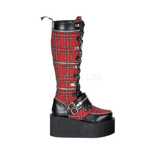 DEMONIA CREEPER-812 3 1/4" P/F Zippered Plaid Creeper Boo Blk Pu-Red Plaid