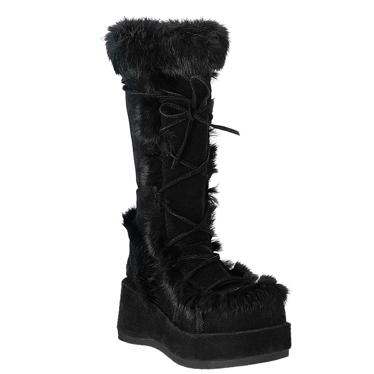 DEMONIA CUBBY-311 Blk Imitation Suede-Rabbit Fur Trimmed Knee Boot Blk Veggie Suede