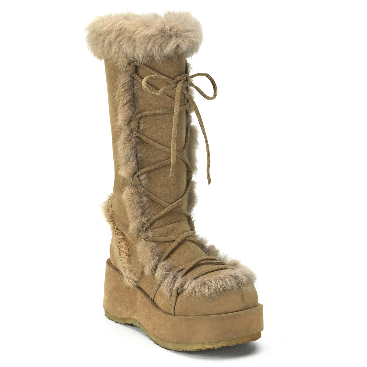 DEMONIA CUBBY-311 Camcel Imitation Suede-Rabbit Fur Trimmed Knee BT Camel Veggie Suede