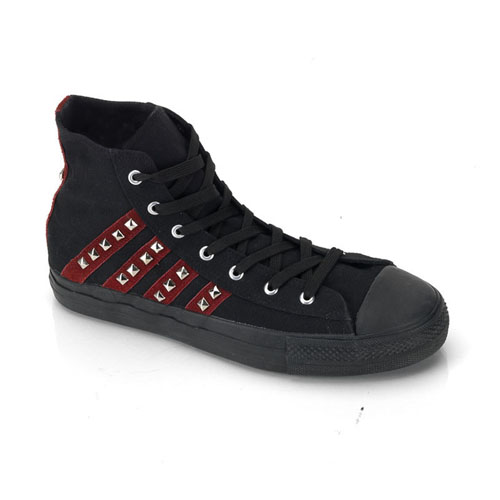 CLEARANCE DEVIANT-103 *Canvas Pyramid Studded High Top Sneaker Black Canvas/Red Suede