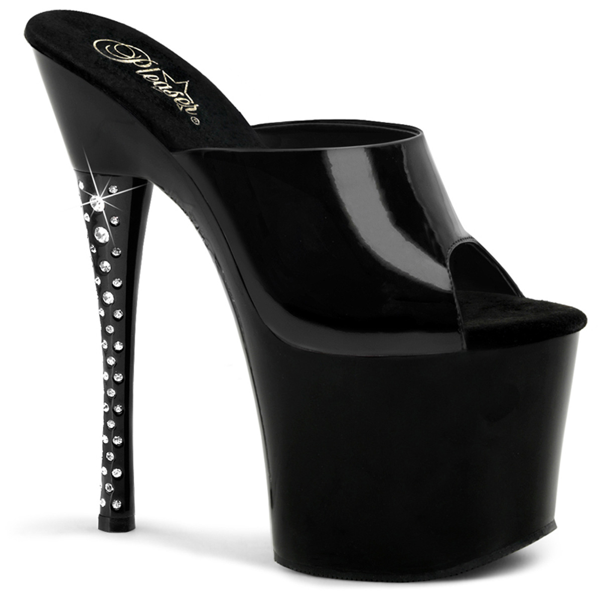 PLEASER DIAMOND-701 7" Rhinestone Imbedded Heel Platform Slide Blk Pat/Blk