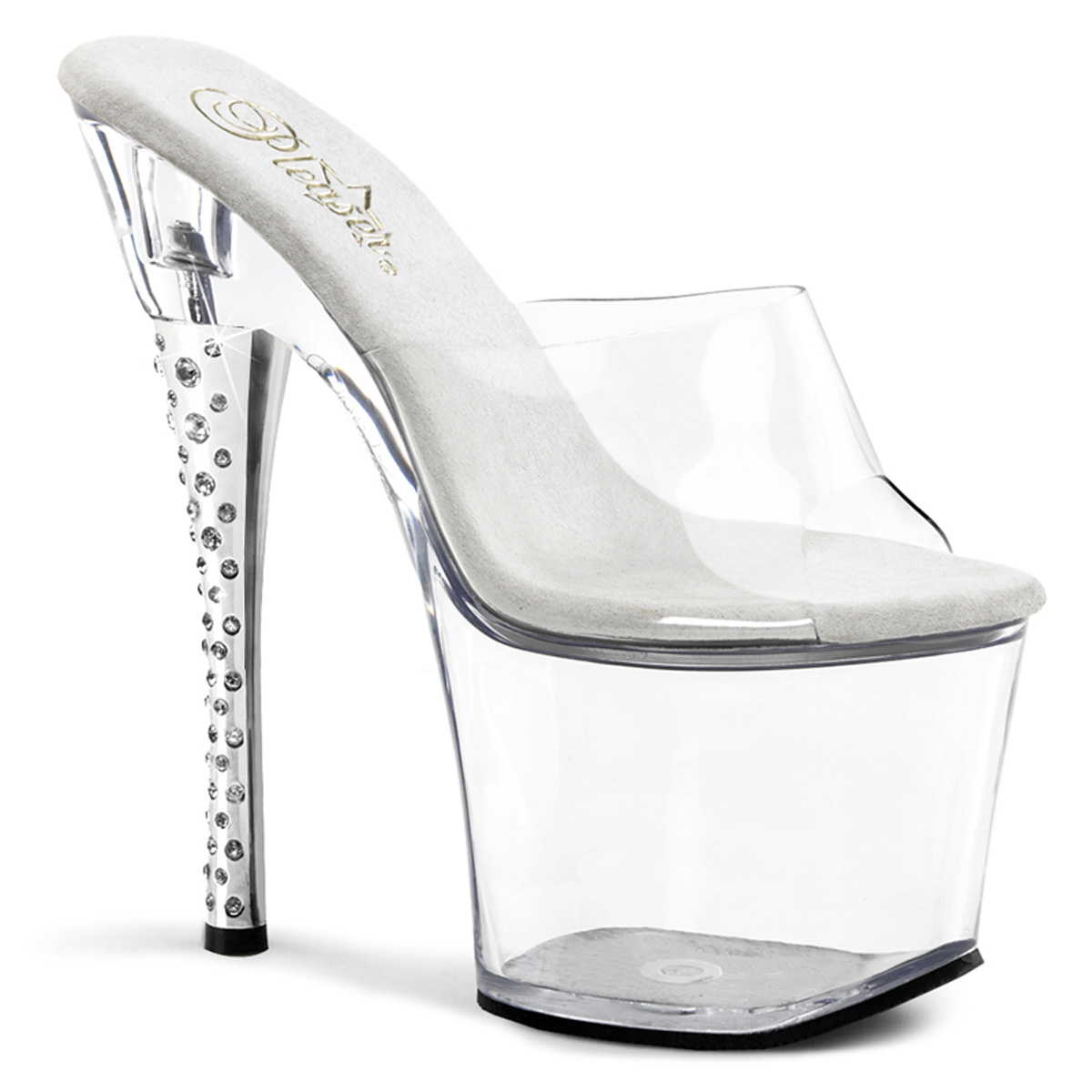 PLEASER DIAMOND-701 7" Rhinestone Imbedded Heel Platform Slide Clr/Clr