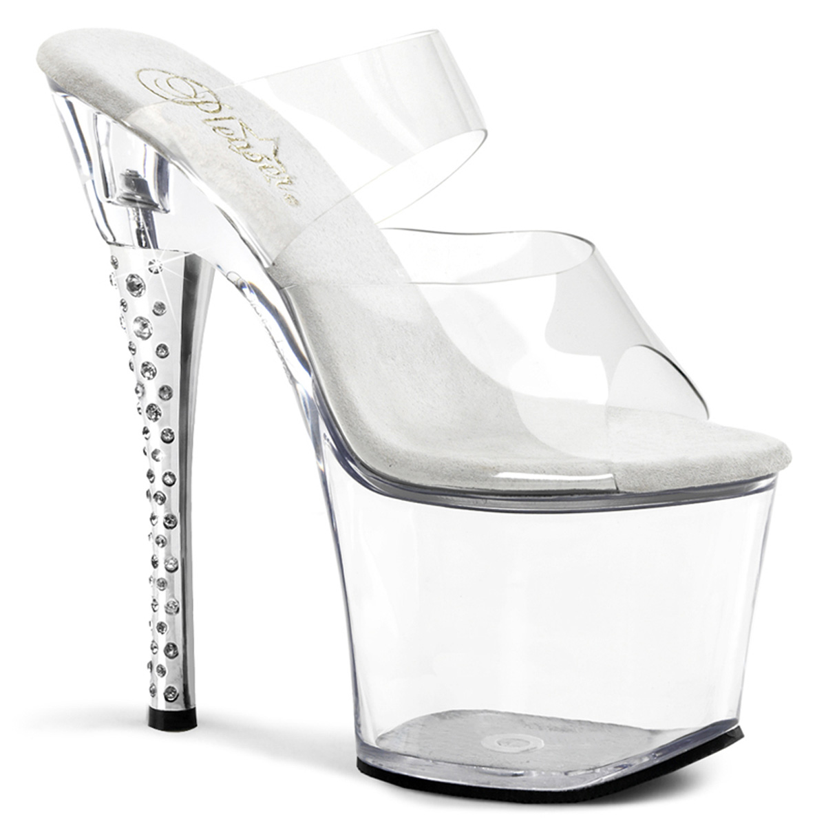 PLEASER DIAMOND-702 7" Rhinestone Imbedded Heel Platform Slide Clr/Clr