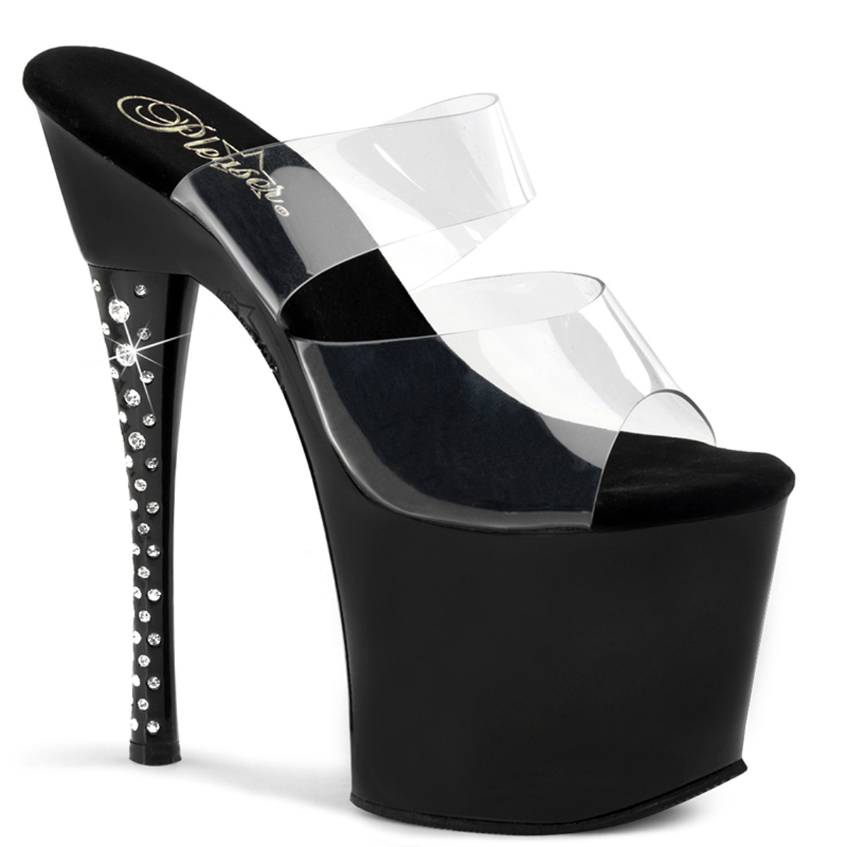 PLEASER DIAMOND-702 7" Rhinestone Imbedded Heel Platform Slide Clr/Blk
